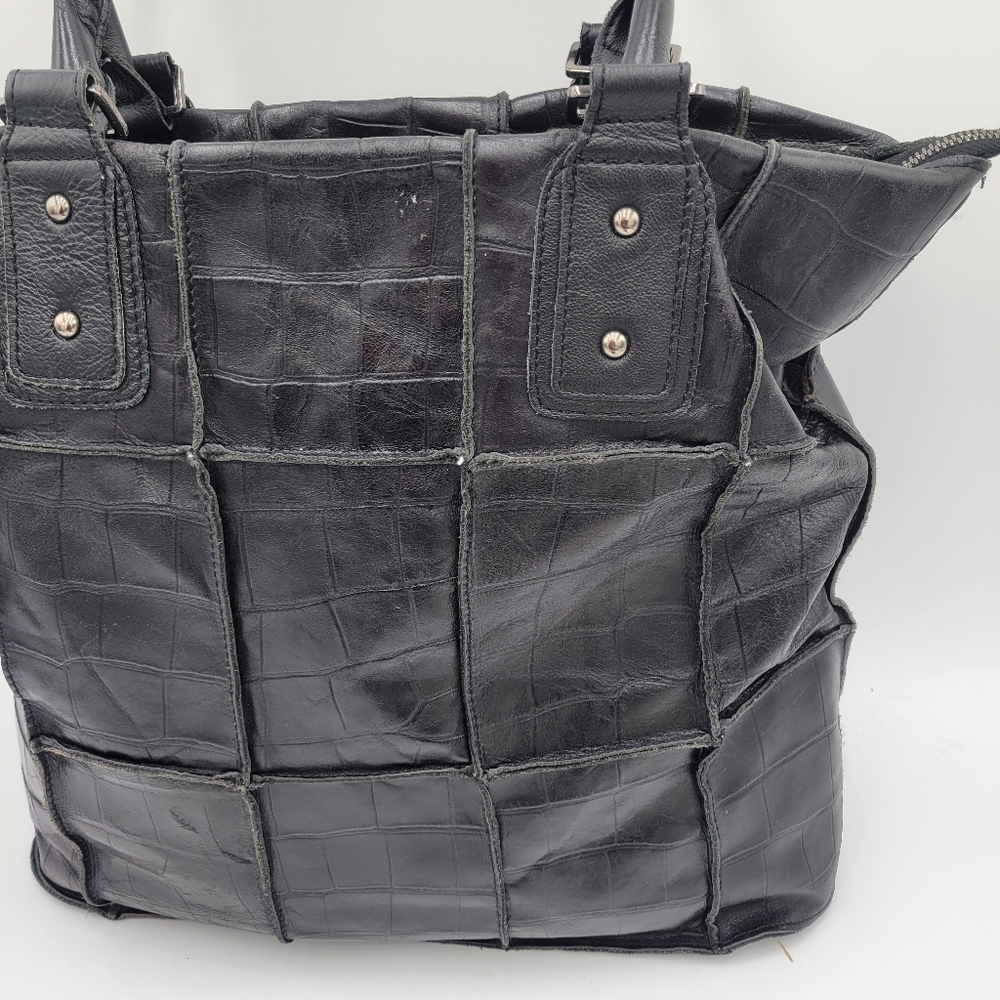 CHOCOLAT BLU Black Leather Croc-Embossed Patchwork Tote Bag - Picture 4 of 13